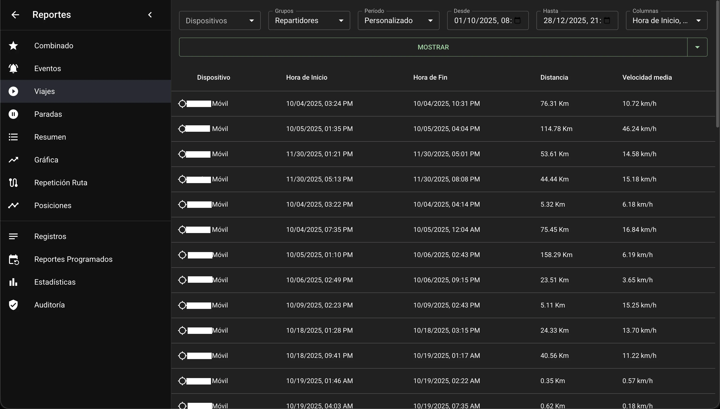 Captura de pantalla del dashboard de Traccar, mostrando reportes de viajes con hora de inicio, fin, velocidad media y distancia recorrida.